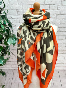 Ladies Bold Leopard Animal Print CHARCOAL GREY ORANGE Fashion Scarf