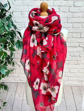 Ladies Bold RED Poppy Flower Print Scarf