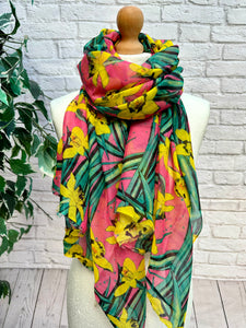 Ladies Yellow Daffodil Print FUCHSIA PINK Self Fraying Fashion Scarf