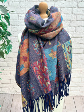 Ladies Thick Patchwork Tree of Life and Leaves Print Reversible Woven Wool Tassel Scarf - NAVY BLUE