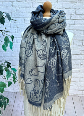 Ladies Thick Cute Dog Puppy & Love Heart Print Reversible Tassel Scarf  - BLUE/GREY