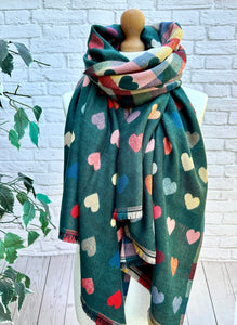 Thick Reversible Multi Coloured Love Hearts Checked TEAL GREEN Pashmina Winter Scarf