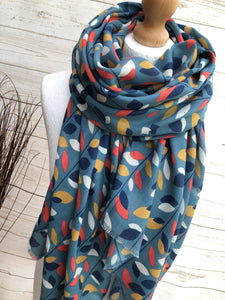 Ladies Multi Coloured Leaves Pattern BLUE Fashion Scarf