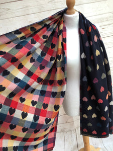 Thick Reversible Multi Coloured Love Hearts Checked NAVY BLUE Pashmina Winter Scarf