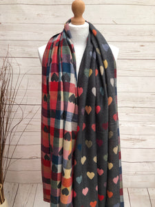 Thick Reversible Multi Coloured Love Hearts Checked GREY Pashmina Winter Scarf