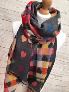 Thick Reversible Multi Coloured Love Hearts Checked GREY Pashmina Winter Scarf