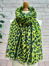Ladies Festival Leopard Animal Print Frayed Fashion Scarf - Neon Green