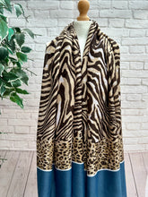 Ladies Zebra Print & Leopard Stripe Border Frayed Fashion Scarf - Blue