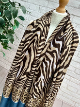 Ladies Zebra Print & Leopard Stripe Border Frayed Fashion Scarf - Blue