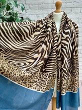 Ladies Zebra Print & Leopard Stripe Border Frayed Fashion Scarf - Blue