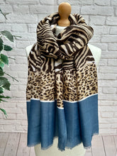 Ladies Zebra Print & Leopard Stripe Border Frayed Fashion Scarf - Blue