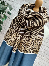 Ladies Zebra Print & Leopard Stripe Border Frayed Fashion Scarf - Blue