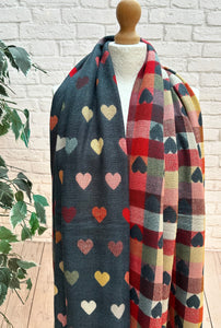 Thick Reversible Multi Coloured Love Hearts Checked DENIM NAVY BLUE Pashmina Winter Scarf