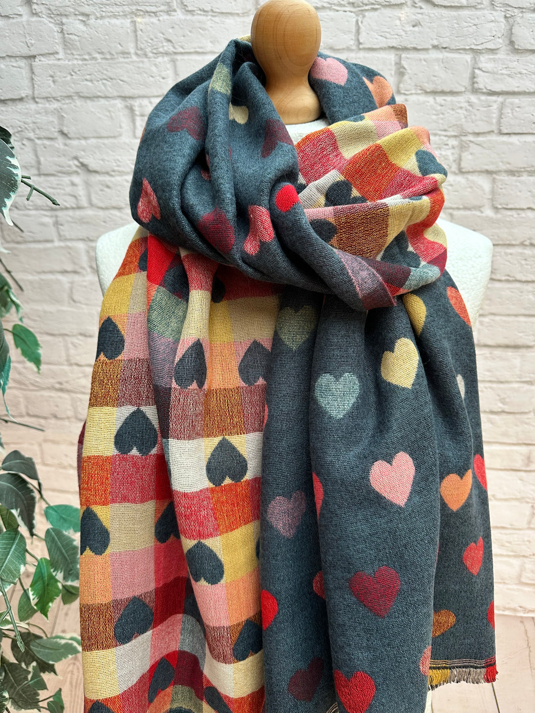 Thick Reversible Multi Coloured Love Hearts Checked DENIM NAVY BLUE Pashmina Winter Scarf