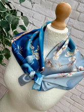 Ladies Cherry Blossom & Mountain Print Silk Blend Square Scarf - Blue