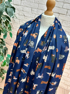 Ladies Variety of Dog Puppy Breed Print Reversible NAVY BLUE Warm Scarf