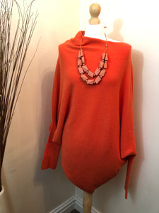 Ladies MELOGRANO ORANGE Italian Made Asymmetric Hem Long Sleeve Jumper - One Size 8 - 18