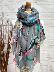 Ladies Birds and Feathers Print GREY Fashion Scarf