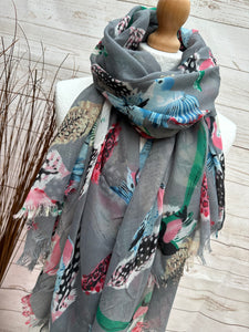 Ladies Birds and Feathers Print GREY Fashion Scarf