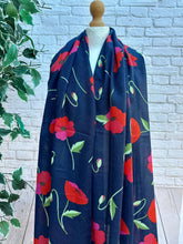 Ladies NAVY BLUE and RED Poppy Flower Print Scarf