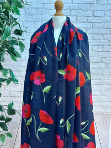 Ladies NAVY BLUE and RED Poppy Flower Print Scarf