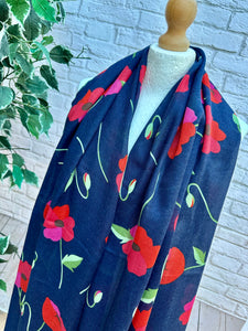 Ladies NAVY BLUE and RED Poppy Flower Print Scarf