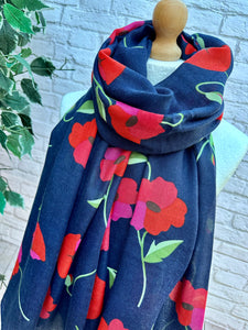 Ladies NAVY BLUE and RED Poppy Flower Print Scarf