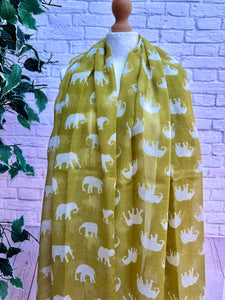 Ladies Multi Elephant Print MUSTARD Fashion Scarf