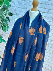 Ladies Highland Cow Print NAVY BLUE Fashion Scarf