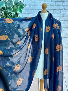 Ladies Highland Cow Print NAVY BLUE Fashion Scarf