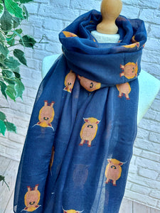 Ladies Highland Cow Print NAVY BLUE Fashion Scarf