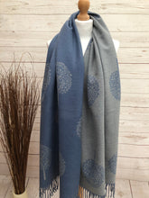 Ladies Cashmere Blend Tree of Life BLUE GREY Thick Pashmina Scarf