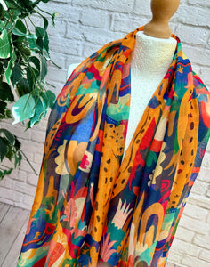 Ladies Funky Leopard & Cactus Print Frayed Fashion Scarf