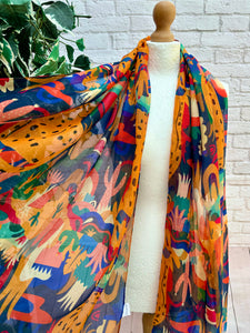 Ladies Funky Leopard & Cactus Print Frayed Fashion Scarf