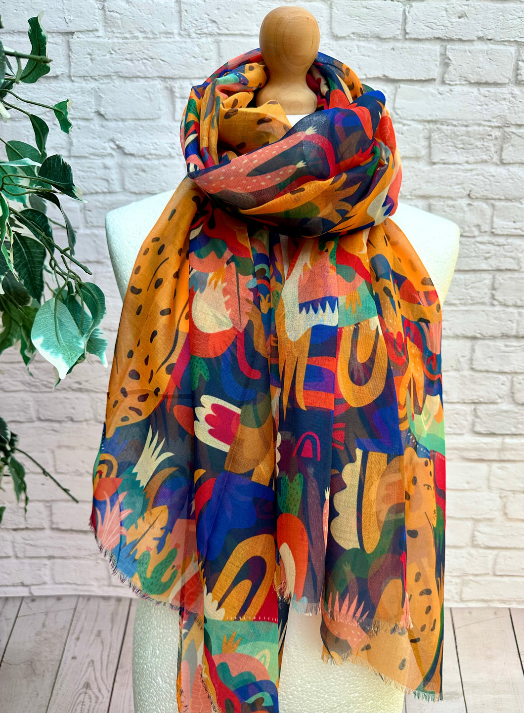 Ladies Funky Leopard & Cactus Print Frayed Fashion Scarf