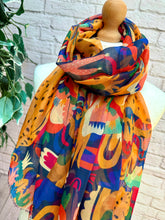 Ladies Funky Leopard & Cactus Print Frayed Fashion Scarf