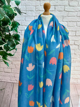 Ladies Multi Coloured Tulips Print DENIM BLUE Fashion Scarf