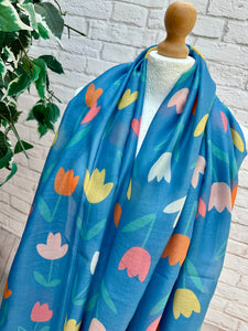 Ladies Multi Coloured Tulips Print DENIM BLUE Fashion Scarf