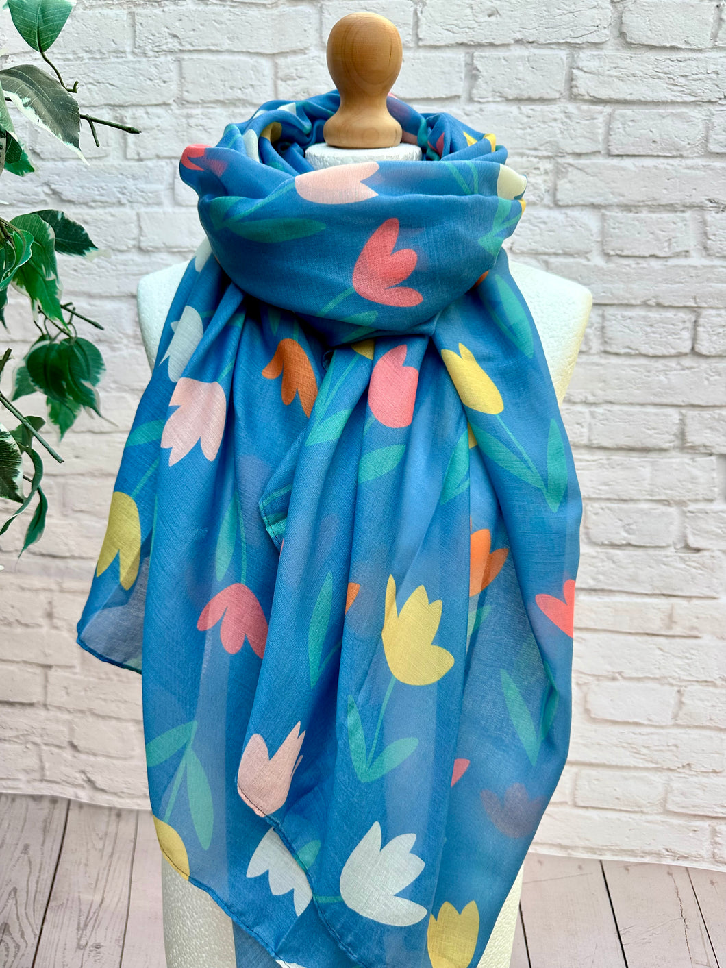Ladies Multi Coloured Tulips Print DENIM BLUE Fashion Scarf