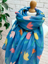Ladies Multi Coloured Tulips Print DENIM BLUE Fashion Scarf