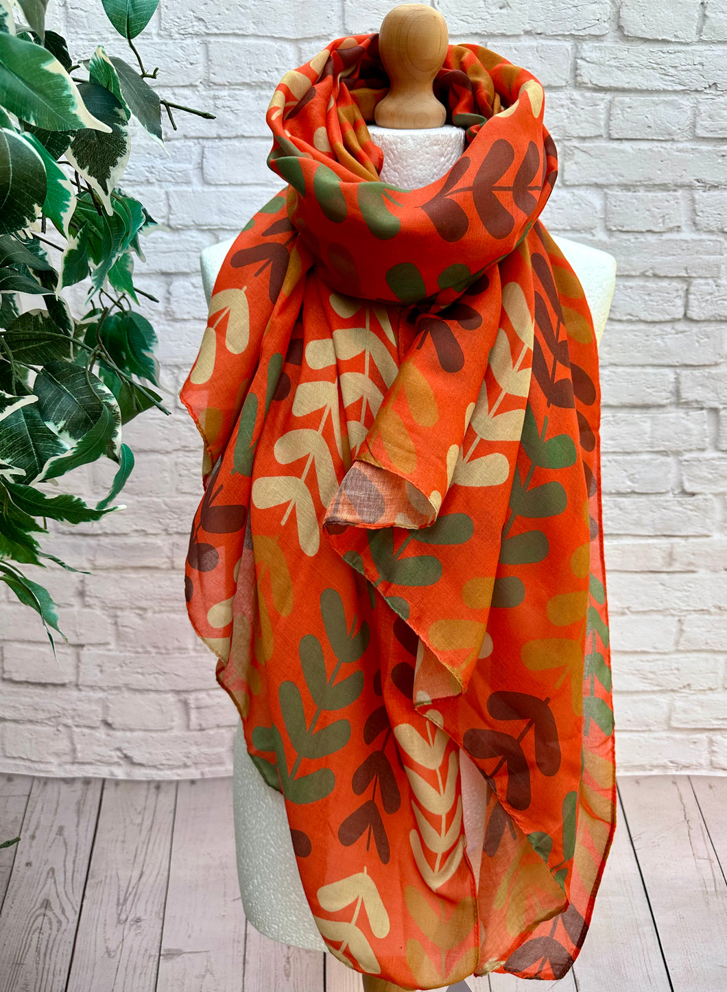 Ladies Multi Coloured Leaf Stems Print BURNT ORANGE Fashion Scarf