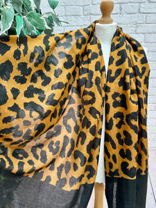 Ladies Bold Leopard Animal Print Black Tassel Fashion Scarf