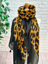 Ladies Bold Leopard Animal Print Black Tassel Fashion Scarf