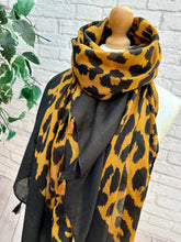 Ladies Bold Leopard Animal Print Black Tassel Fashion Scarf