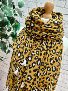 Ladies Leopard Animal Print Camel Black Tassel Fashion Scarf