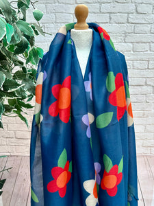 Ladies Multi Coloured Large Flower Print NAVY BLUE Fashion Scarf