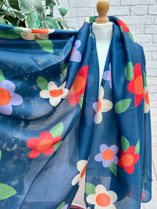 Ladies Multi Coloured Large Flower Print NAVY BLUE Fashion Scarf