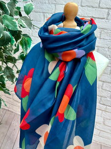 Ladies Multi Coloured Large Flower Print NAVY BLUE Fashion Scarf