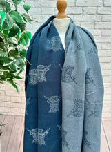 Thick Reversible Highland Cow NAVY BLUE Tassel Pashmina Winter Scarf