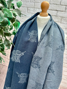 Thick Reversible Highland Cow NAVY BLUE Tassel Pashmina Winter Scarf